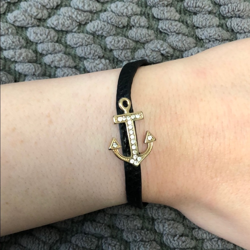 Black leather strap w/ rhinestone anchor bracelet